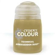 Citadel Technical Paint: Armagedon Dust - Small opaque plastic bottle of Citadel Colour Technical Paint in muted tan labeled Armageddon Dust with screw cap.
