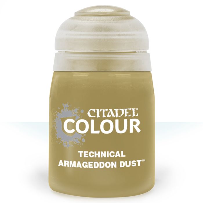 Citadel Technical Paint: Armagedon Dust - Small opaque plastic bottle of Citadel Colour Technical Paint in muted tan labeled Armageddon Dust with screw cap.