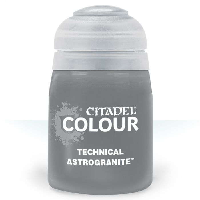 Citadel Technical Paint: Astrogranite - Small cylindrical gray plastic paint pot with a rounded, translucent cap labeled Citadel Colour Technical Astrogranite paint.