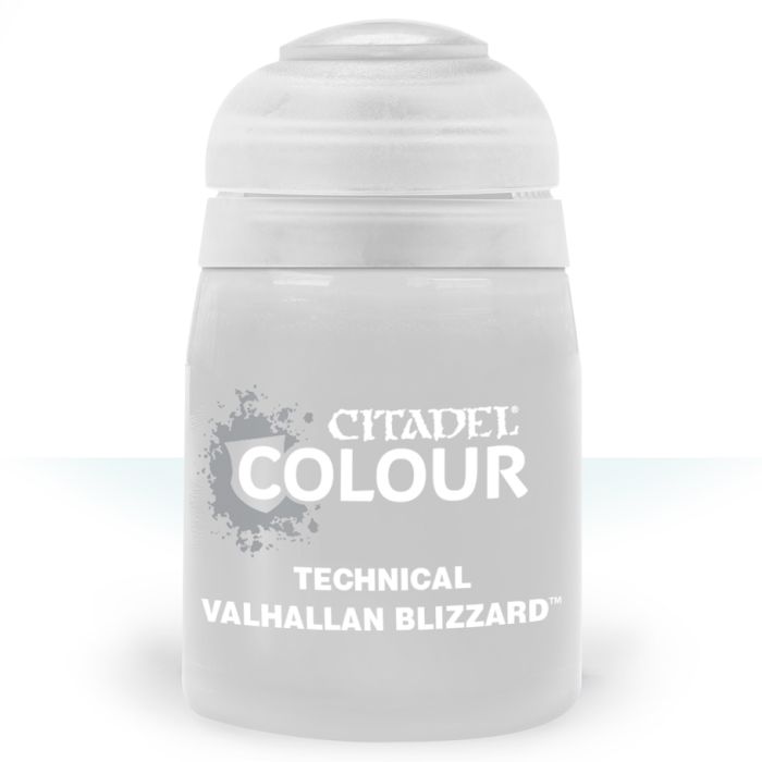 Citadel Technical Paint: Valhallan Blizzard - Small frosted plastic paint pot labeled Citadel Colour Technical Valhallan Blizzard with a twist-off lid.