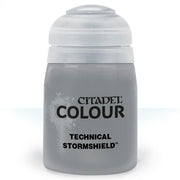 Citadel Technical Paint: Technical Stormshield - Small translucent frosted plastic jar with gray paint inside labeled Citadel Colour Technical Stormshield.