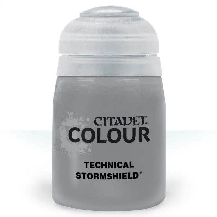 Citadel Technical Paint: Technical Stormshield - Small translucent frosted plastic jar with gray paint inside labeled Citadel Colour Technical Stormshield.