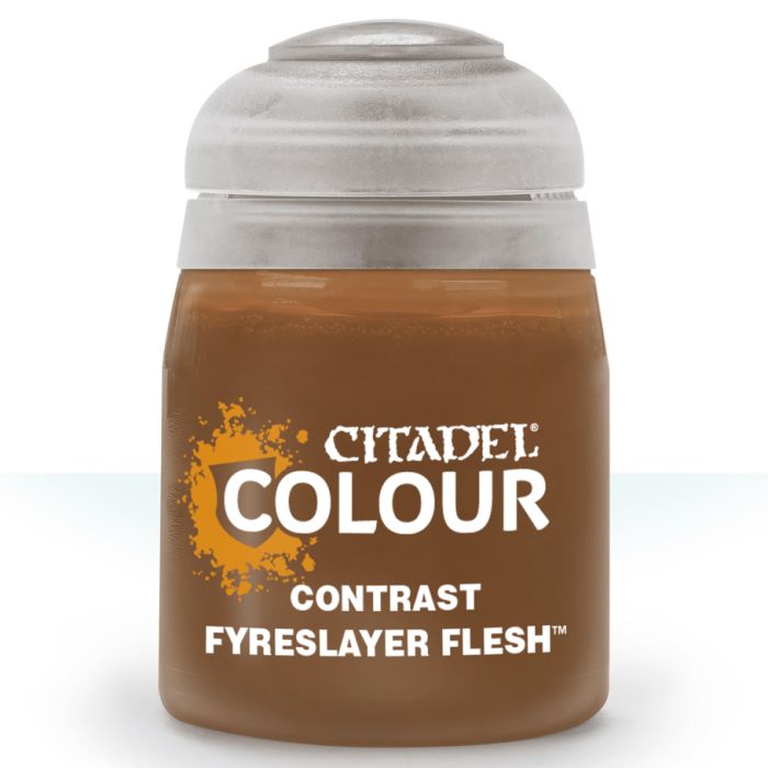 Citadel Paint Contrast: Fyreslayer Flesh - Small frosted glass jar with brownish-orange paint labeled Citadel Colour Contrast Fyreslayer Flesh, white plastic lid.