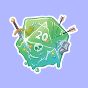 Gelatinous D20 DnD Sticker - Green gelatinous d20 dice sticker with embedded fantasy items like sword, arrows, shield, skull, bones, and key.