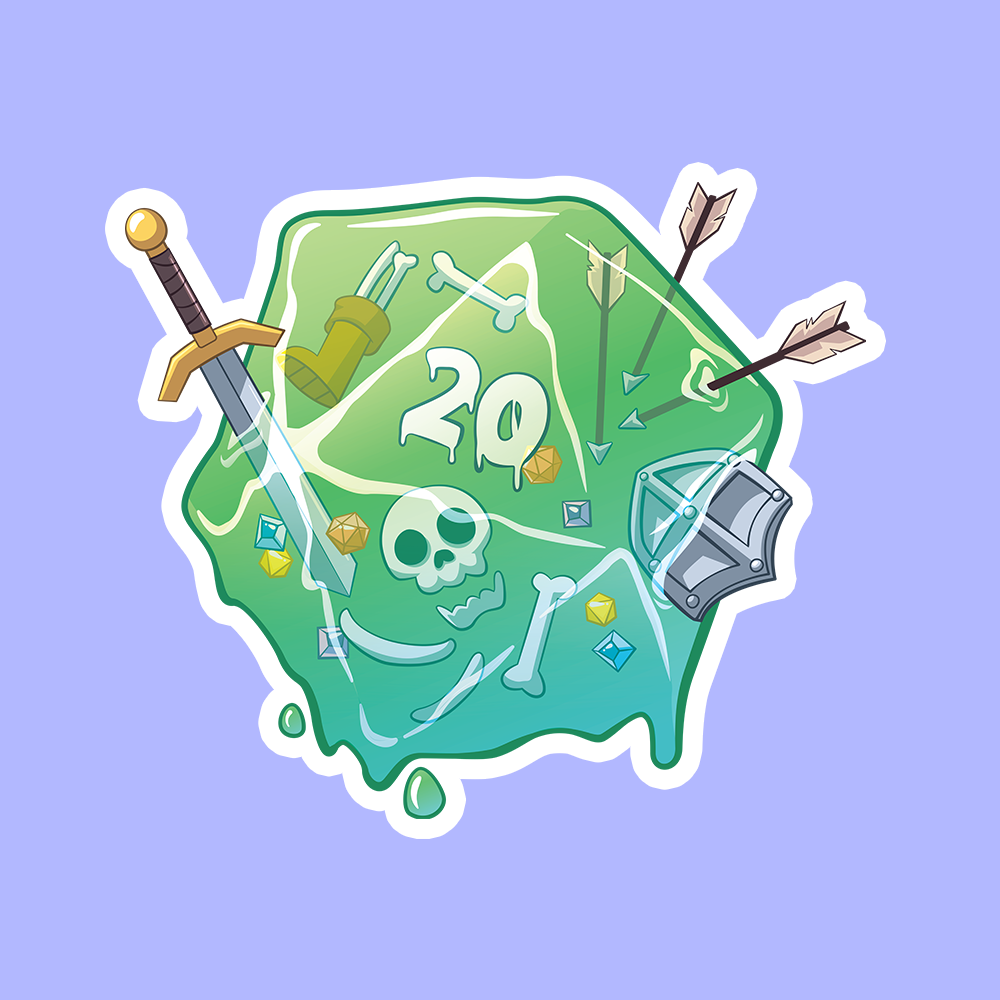 Gelatinous D20 DnD Sticker - Green gelatinous d20 dice sticker with embedded fantasy items like sword, arrows, shield, skull, bones, and key.
