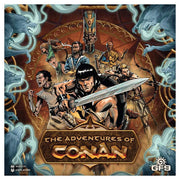 The Adventures of Conan - Board game box featuring a detailed illustration of Conan wielding a large sword with warriors and mystical symbols in the.