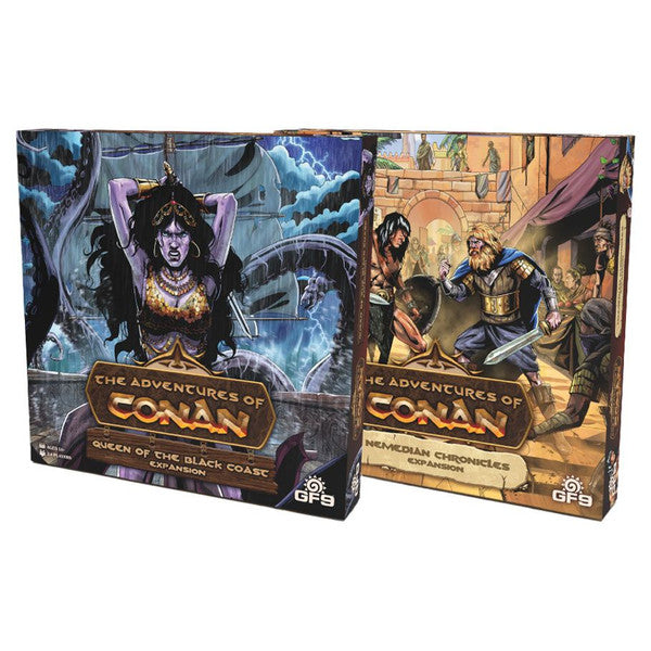 The Adventures of Conan: Queen of the Black Coast & Nemedian Chronicles Expansion - Two rectangular board game boxes with fantasy-themed cover art; one shows a dark, stormy scene with a sorceress and the.