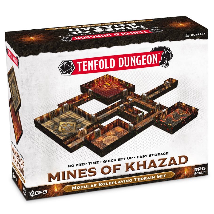 Tenfold Dungeon: Mines of Khazad - Mines of Khazad" with interconnected brown stone corridors and rooms illustration on front.