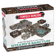 Tenfold Dungeon: Wizard's Sanctum - Modular tabletop dungeon tiles featuring detailed stone walls, wooden doors, and mystical room elements in grayscale and.