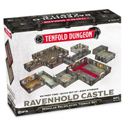 Tenfold Dungeon: Ravenhold Castle - White and gray box featuring modular dungeon pieces with stone walls and wooden floors for Ravenhold Castle RPG setup.