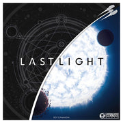 Last Light Board Game - Board game cover with dark space and geometric star chart background, contrasted by bright white and blue planetary glow,.