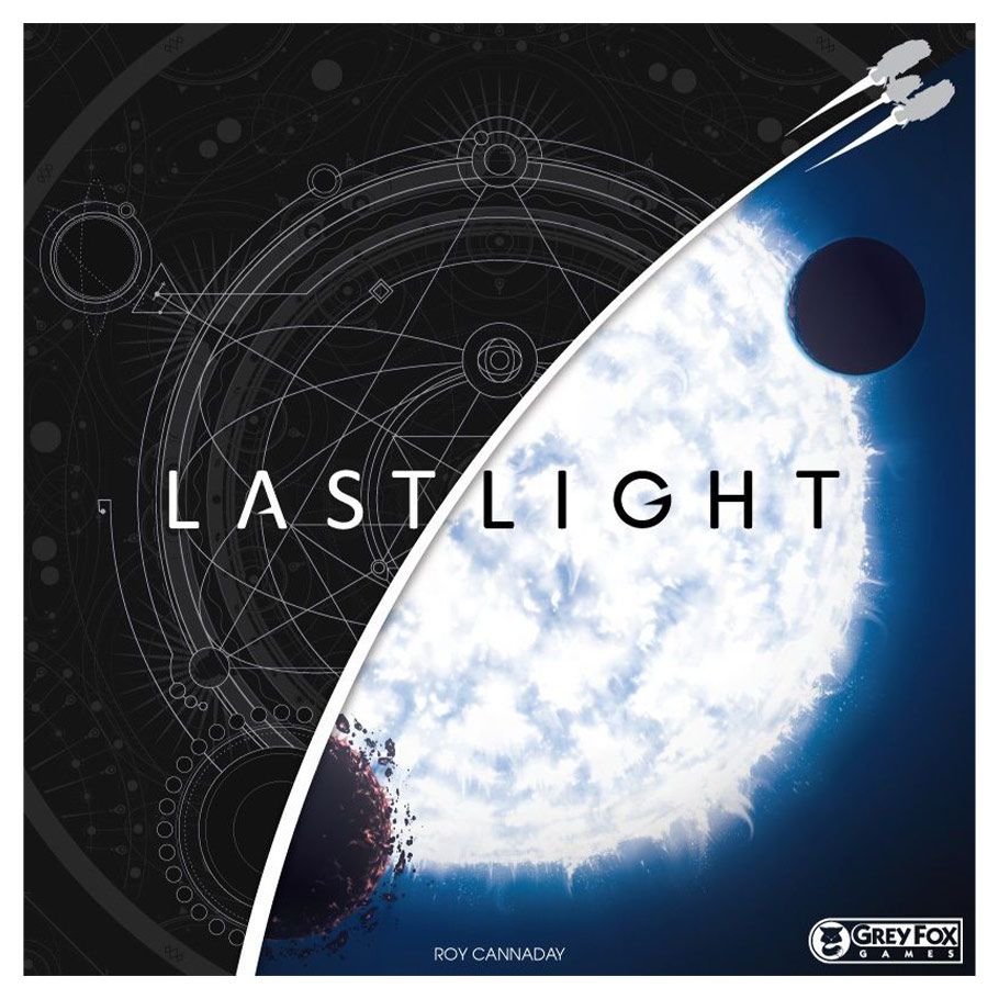 Last Light Board Game - Board game cover with dark space and geometric star chart background, contrasted by bright white and blue planetary glow,.