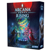Arcana Rising - Arcana Rising strategy game box with dark starry background and three wizards casting colorful magical spells above a.