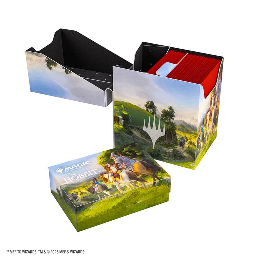 The Hobbit Soft Dynacrate 100+ XL - Leaving Hobbiton/Troop of Ponies - Soft deck box with vibrant Hobbit-themed fantasy artwork, featuring a green landscape, castle, and characters, designed for.