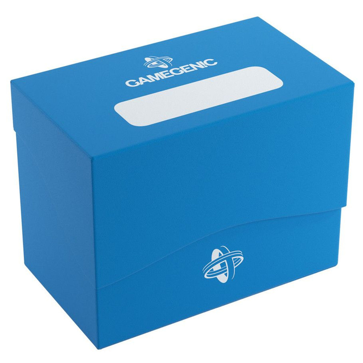 Deck Box: Side Holder 80+ Blue - Blue rectangular deck box with white logo and label space, designed to hold over 80 cards.
