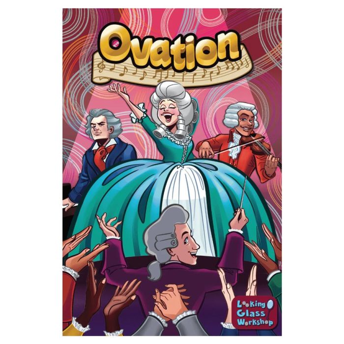 Ovation - Colorful board game box cover with a large turquoise dress, animated characters of musicians and dancers, and swirling pink.