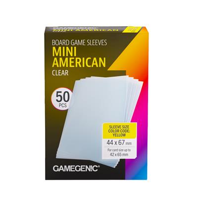 Gamegenic Board Game Sleeves: Mini American Clear - Box of 50 clear mini American board game sleeves with rainbow gradient background and white sleeve stack on front.