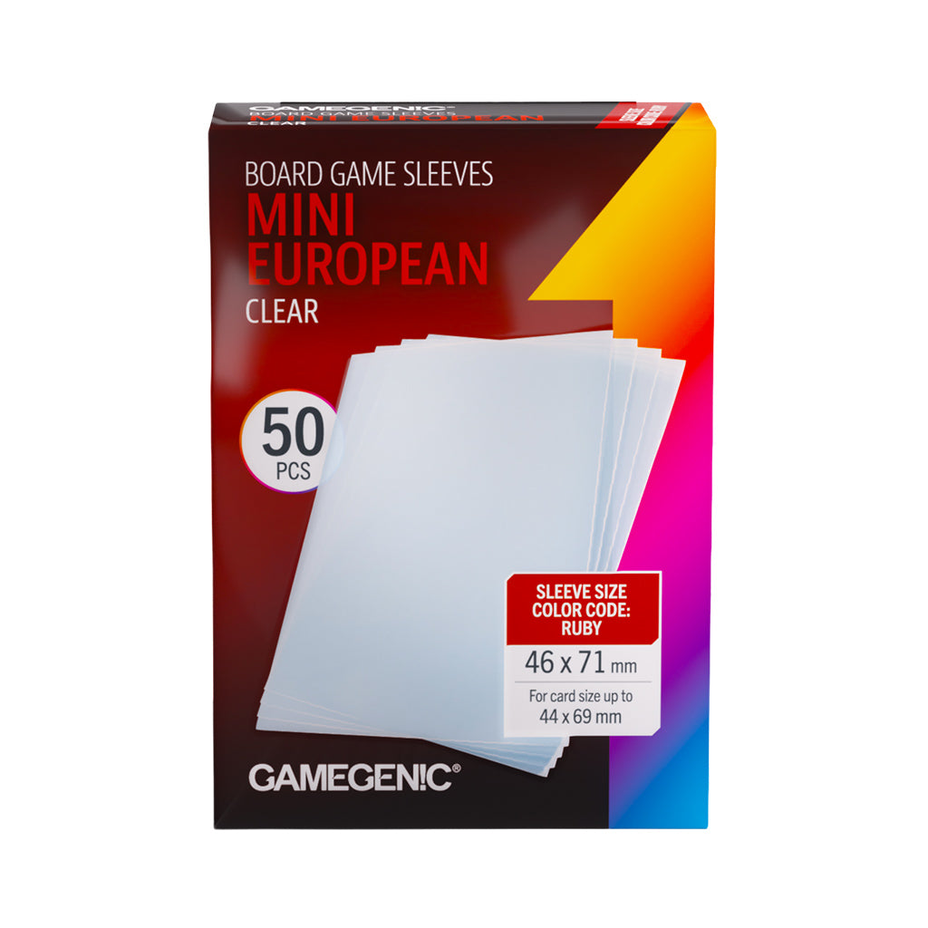 Gamegenic Board Game Sleeves: Mini European Clear - Clear rectangular board game sleeves in mini European size (46x71mm) with a colorful red, orange, and blue box showing 50.
