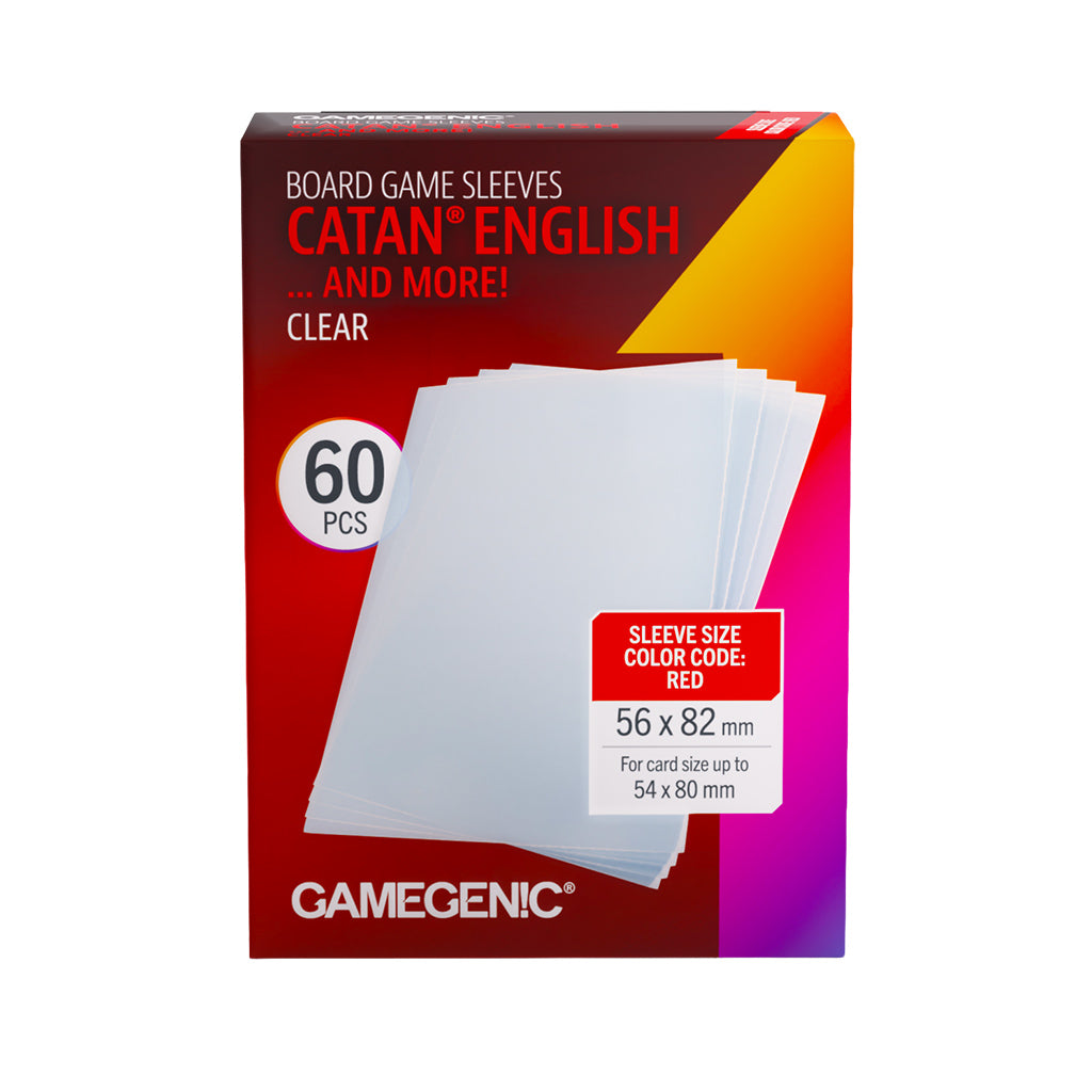 Gamegenic Board Game Sleeves: CATAN English Clear - Red and orange box of Gamegenic clear card sleeves for Catan English edition, 60 pieces, 56 x 82 mm.