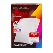 Gamegenic Board Game Sleeves: Mini European Clear Matte - Clear matte rectangular board game sleeves packaging with red, yellow, and purple gradient background, labeled 50 pieces, 46