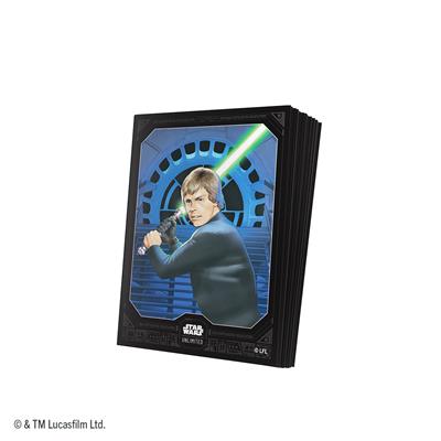 Star Wars: Unlimited Premium Art Sleeves - Jedi Luke Skywalker - Card sleeves featuring Jedi Luke Skywalker wielding a green lightsaber with a blue digital background, designed for trading.