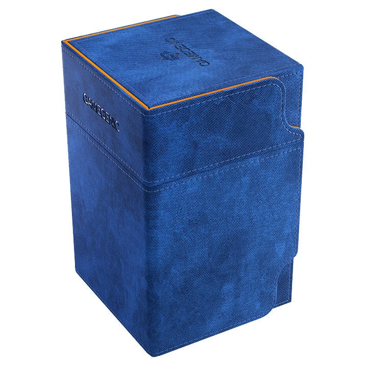 Deck Box: Watchtower: 100+ Extra Large Blue and Orange - Extra large rectangular deck box in textured blue material with orange trim and a front notch for easy access.