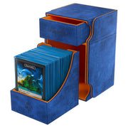 Deck Box: Watchtower: 100+ Extra Large Blue and Orange - Blue and orange suede deck box with drawer and a compartment holding sleeved cards upright.