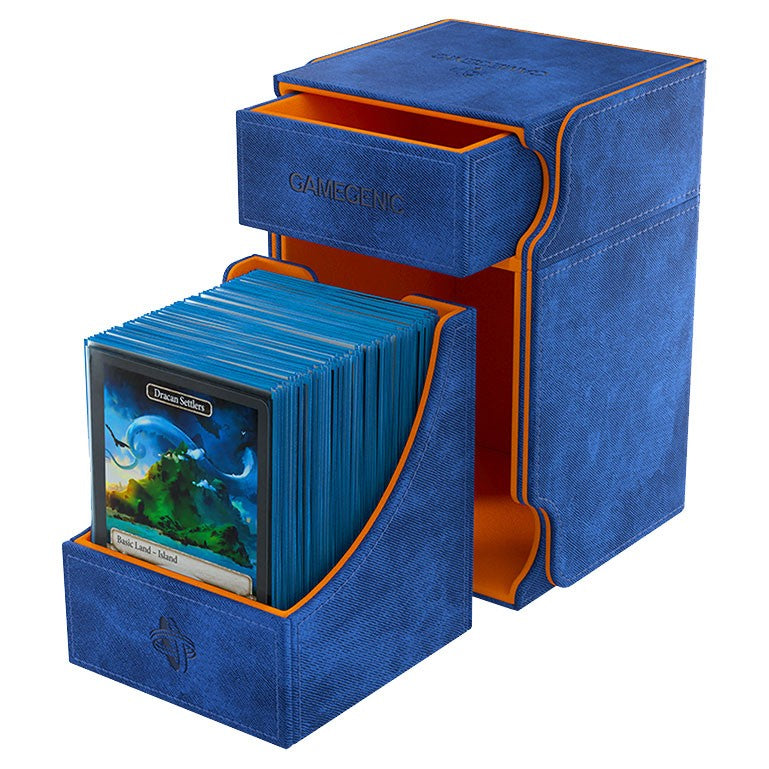 Deck Box: Watchtower: 100+ Extra Large Blue and Orange - Blue and orange suede deck box with drawer and a compartment holding sleeved cards upright.