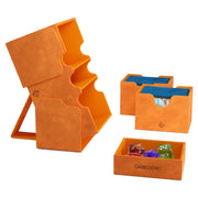 Deck Box: Stronghold: 200+ XL Orange - Orange textured deck box with angled compartments, removable trays for cards and dice storage in blue and orange accents.
