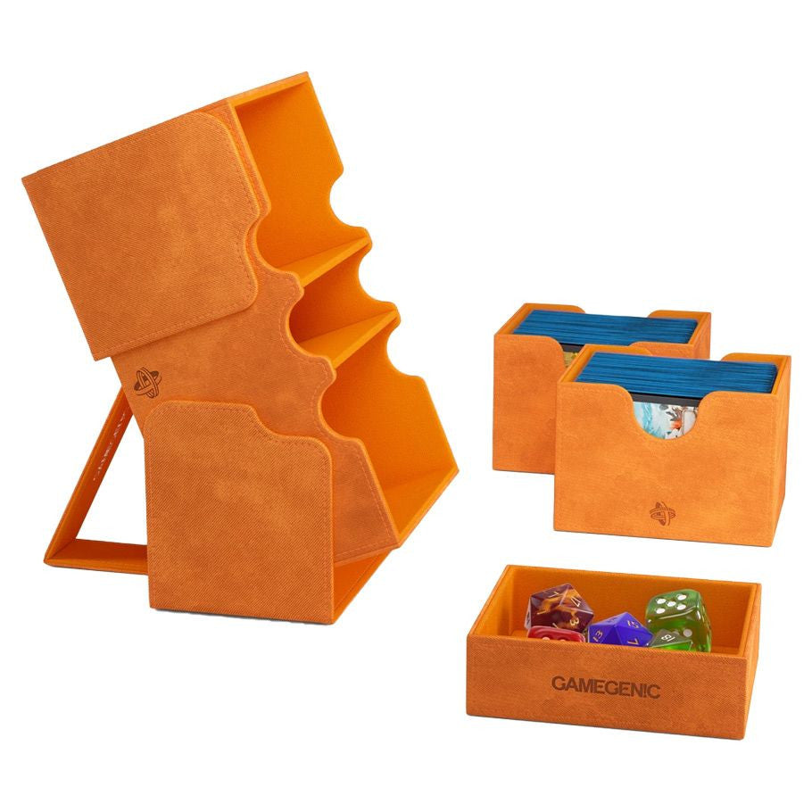 Deck Box: Stronghold: 200+ XL Orange - Orange textured deck box with angled compartments, removable trays for cards and dice storage in blue and orange accents.
