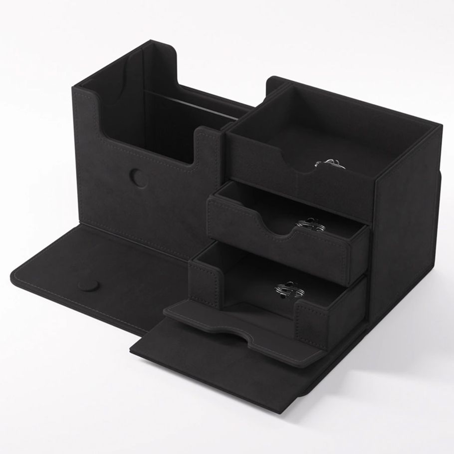 Deck Box: The Academic: 133+ XL Black Stealth Edition - Black matte deck box with multiple compartments and sliding drawers for card storage.