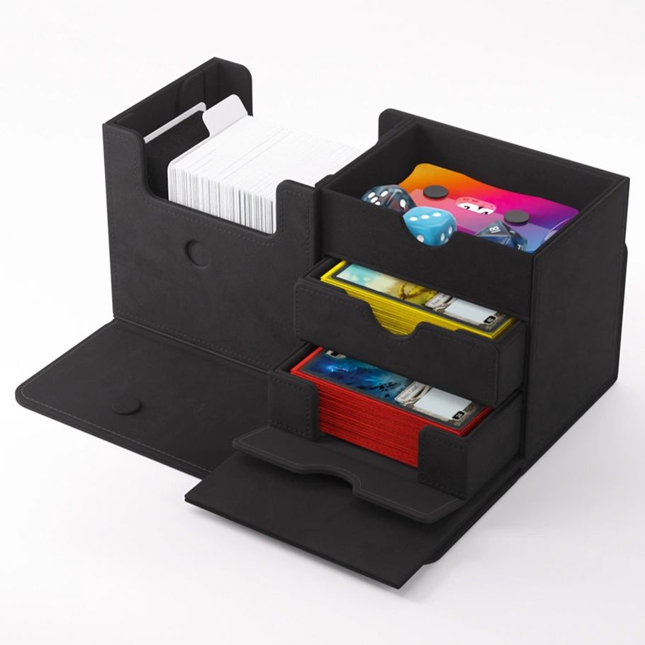 Deck Box: The Academic: 133+ XL Black Stealth Edition - Black matte deck box with three compartments holding playing cards, dice, and game accessories, open flap front, compact.
