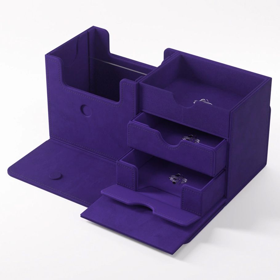 Deck Box: The Academic: 133+ XL Purple Stealth Edition - Purple multi-compartment deck box with three pull-out drawers and magnetic flap closure.