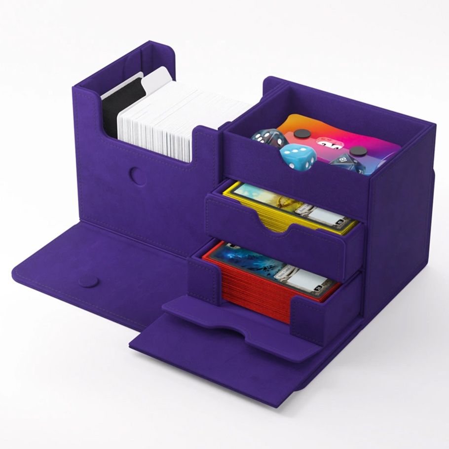 Deck Box: The Academic: 133+ XL Purple Stealth Edition - Purple modular deck box with multiple compartments holding cards and gaming accessories, velvet-like material.