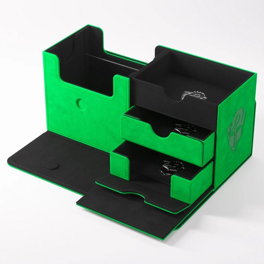 Deck Box: The Academic: 133+ XL Green - Green and black rectangular deck box with multiple compartments and drawers for card storage.