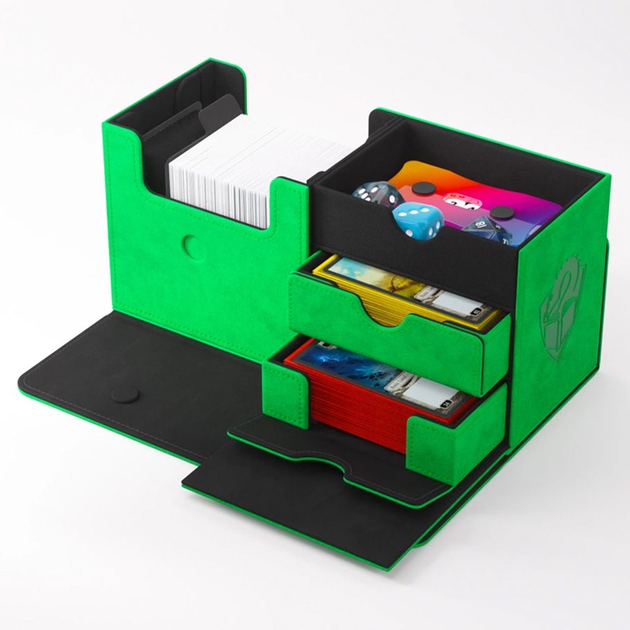 Deck Box: The Academic: 133+ XL Green - Green rectangular deck box with compartments holding cards, dice, and accessories, featuring a fold-out lid and a subtle.