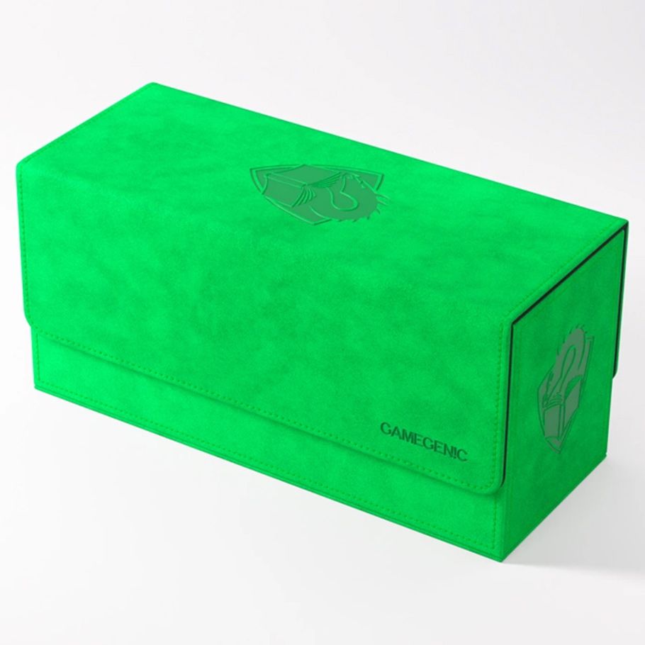 Deck Box: The Academic: 133+ XL Green - Bright green rectangular deck box with a textured finish and embossed shield emblem on the lid.