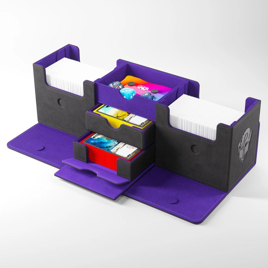 Deck Box: The Academic: 266+ XL Black/Purple - Black and purple expandable deck box with multiple compartments and drawers for cards and accessories.