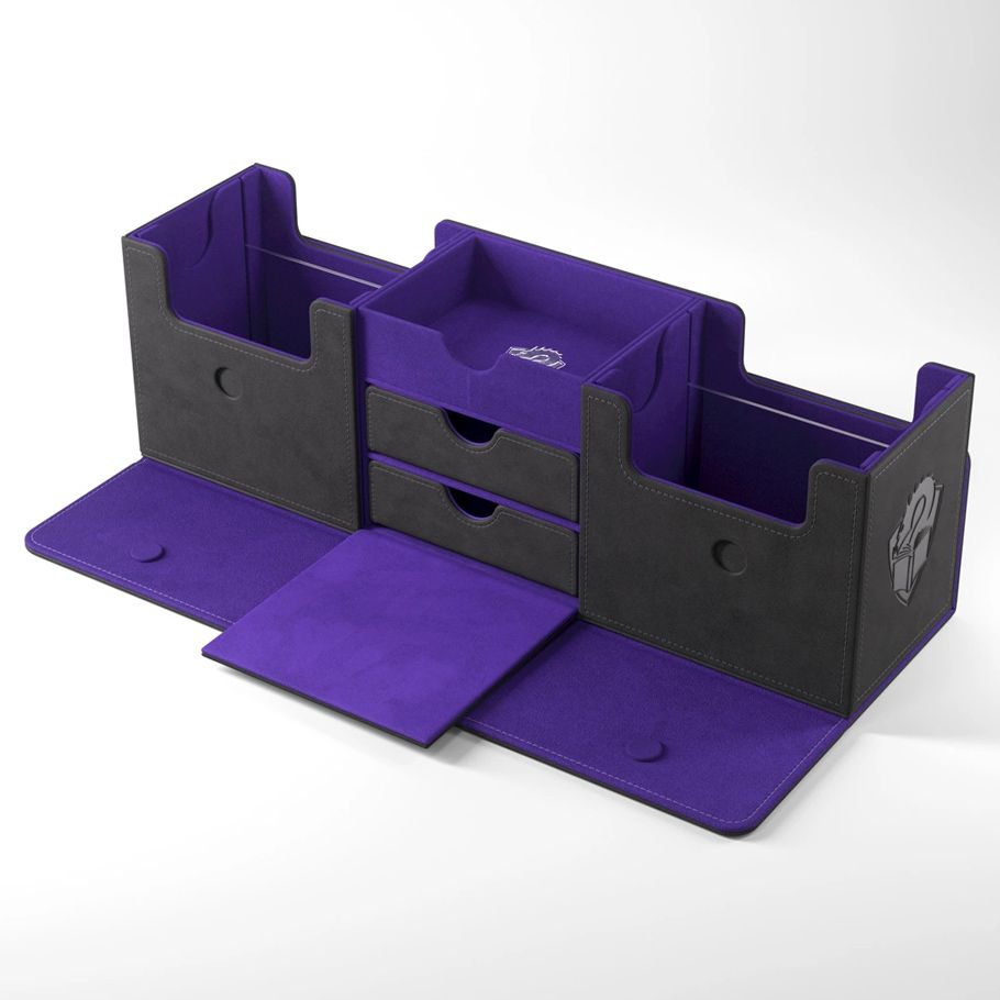 Deck Box: The Academic: 266+ XL Black/Purple - Black and purple gaming deck box with multiple compartments, drawers, and fold-out panels for card and accessory storage.