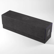 Deck Box: The Academic: 266+ XL Black/Purple - Black rectangular card storage box with subtle purple edging and embossed academic-themed emblem on side and lid.