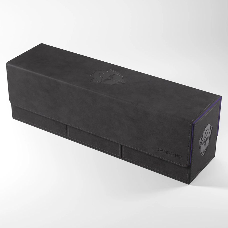 Deck Box: The Academic: 266+ XL Black/Purple - Black rectangular card storage box with subtle purple edging and embossed academic-themed emblem on side and lid.
