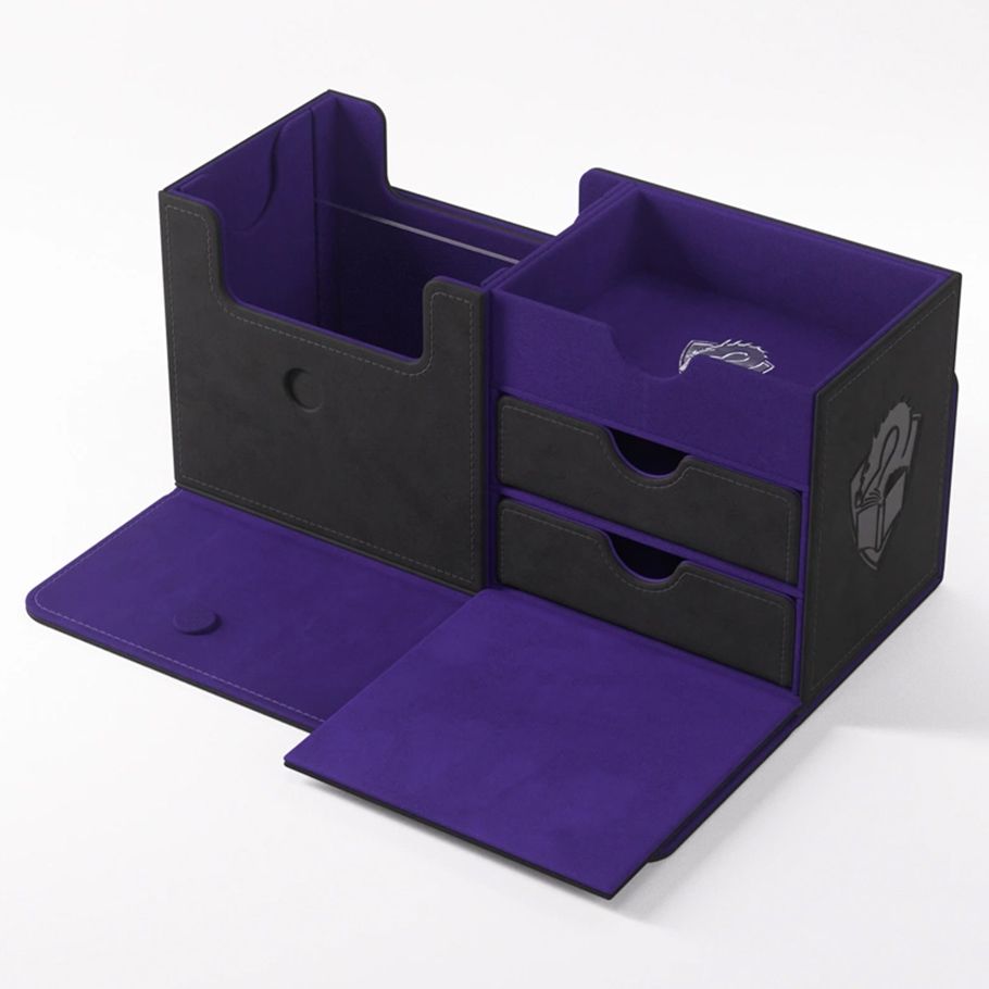 Deck Box: The Academic: 133+ XL Black/Purple - Black and purple modular deck box with two drawers, side compartments, and fold-out flaps.