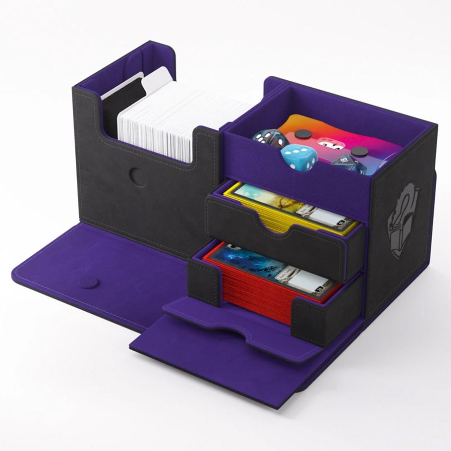 Deck Box: The Academic: 133+ XL Black/Purple - Black and purple deck box with multiple compartments, holding cards and gaming dice, made of sturdy material.