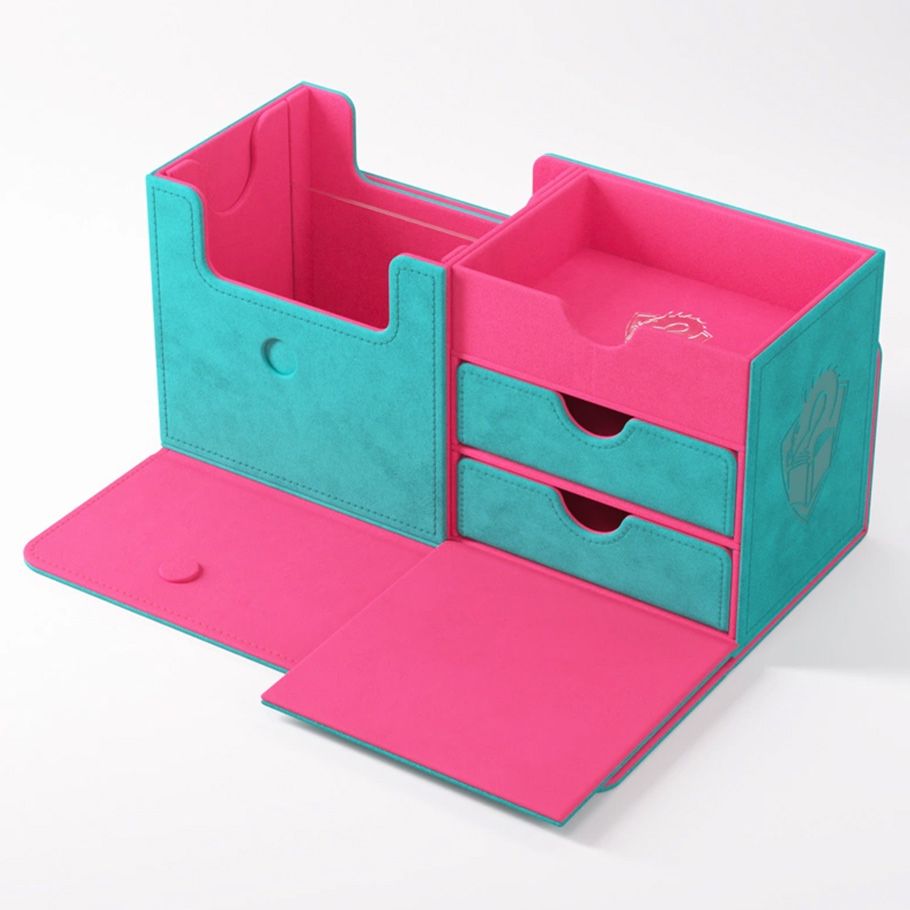 Deck Box: The Academic: 133+ XL Teal/Pink - Teal and pink rectangular deck box with two small drawers and fold-out panels for card and accessory storage.