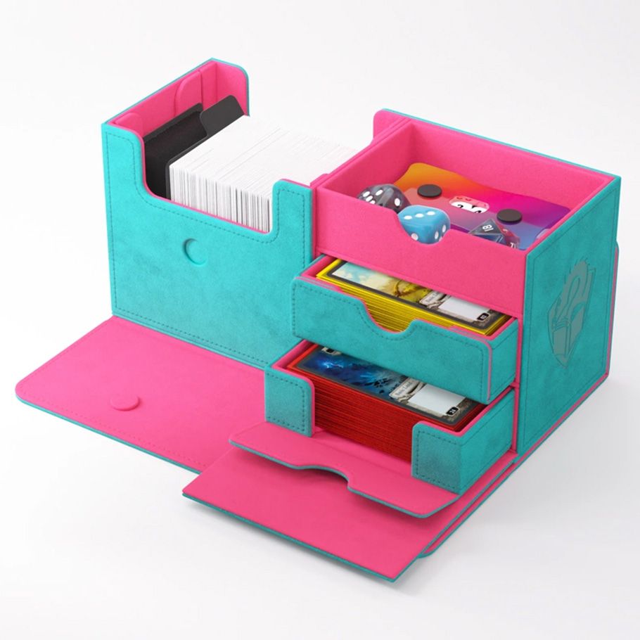 Deck Box: The Academic: 133+ XL Teal/Pink - Teal and pink rectangular deck box with multiple compartments holding cards and game accessories.