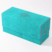 Deck Box: The Academic: 133+ XL Teal/Pink - Teal rectangular deck box with pink accents and embossed card suit design on top and side.