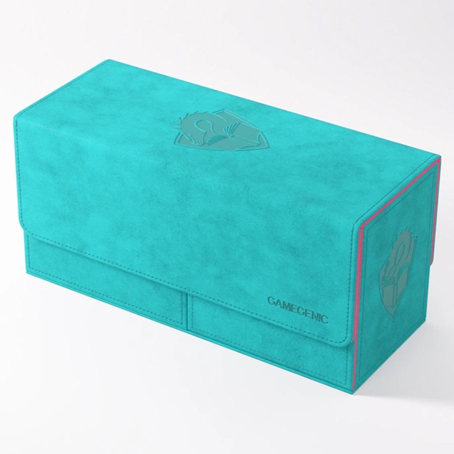 Deck Box: The Academic: 133+ XL Teal/Pink - Teal rectangular deck box with pink accents and embossed card suit design on top and side.