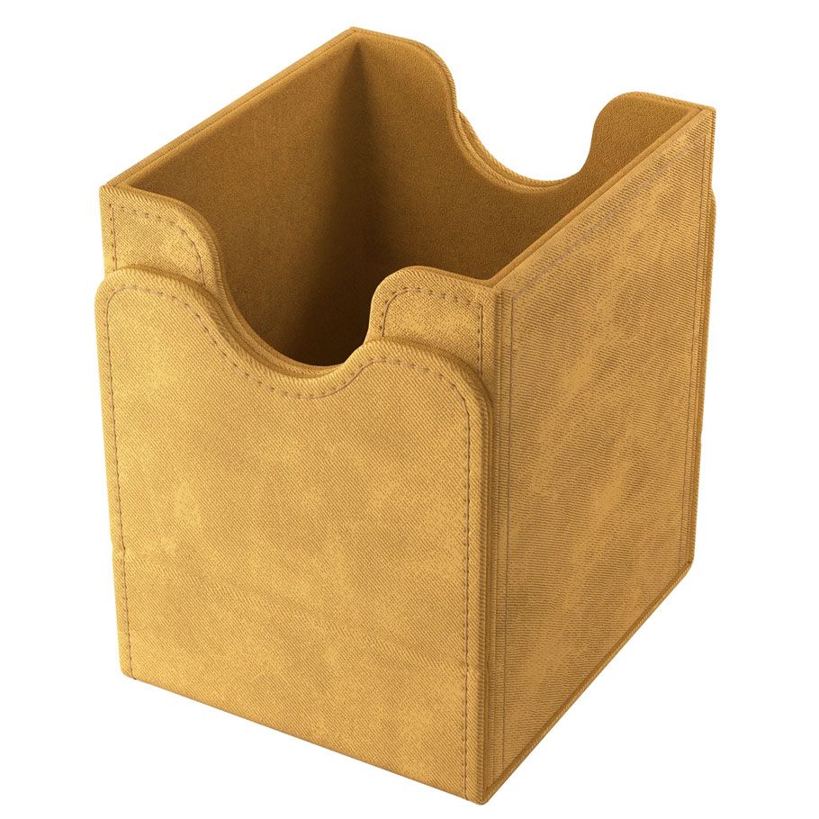 Deck Box: Squire 100+ XL Convertible Sand - Sand-colored faux leather deck box with stitched edges, open top and curved cutouts for easy access.