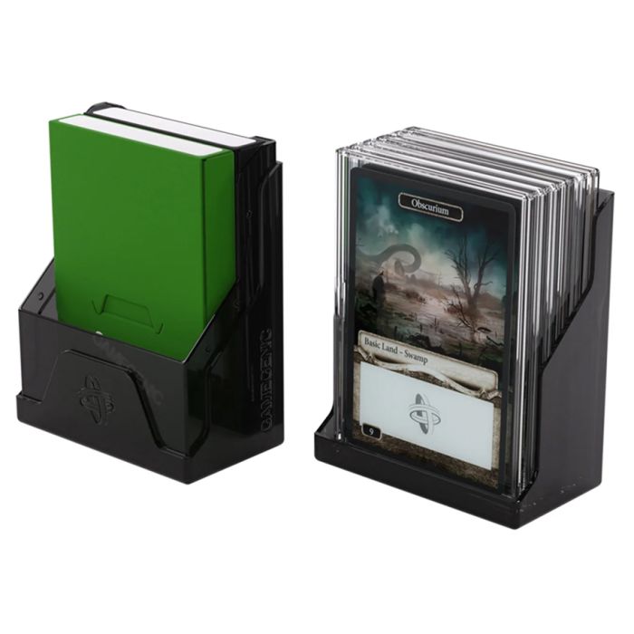 Deck Box: Bastion: 50+ XL Black - Black plastic deck box set featuring two holders; one with a green card binder, the other holding multiple sleeved cards.