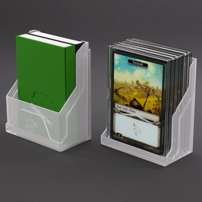 Deck Box: Bastion: 50+ XL White - Clear white plastic deck boxes holding cards and a green card binder, designed for easy access and storage.